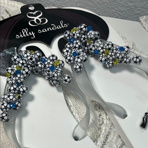 Silly Sandals White Flip Flops with Soccerball & Beaded Straps - Picture 2 of 7